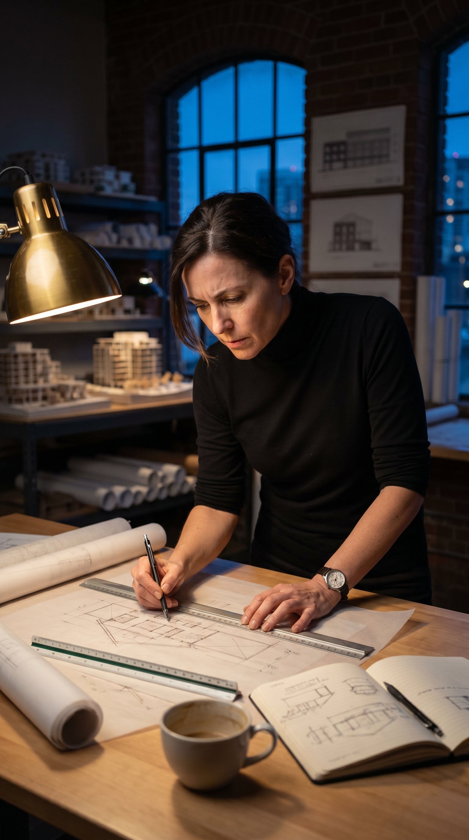 Architect deep in focus over blueprints